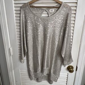 ECI New York Women’s Sequined 3/4 Sleeve Knit Blouse Size XL Champagne Color